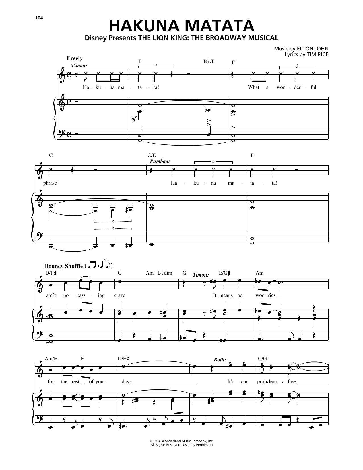 Download Elton John Hakuna Matata (from The Lion King: Broadway Musical) Sheet Music and learn how to play Easy Piano PDF digital score in minutes