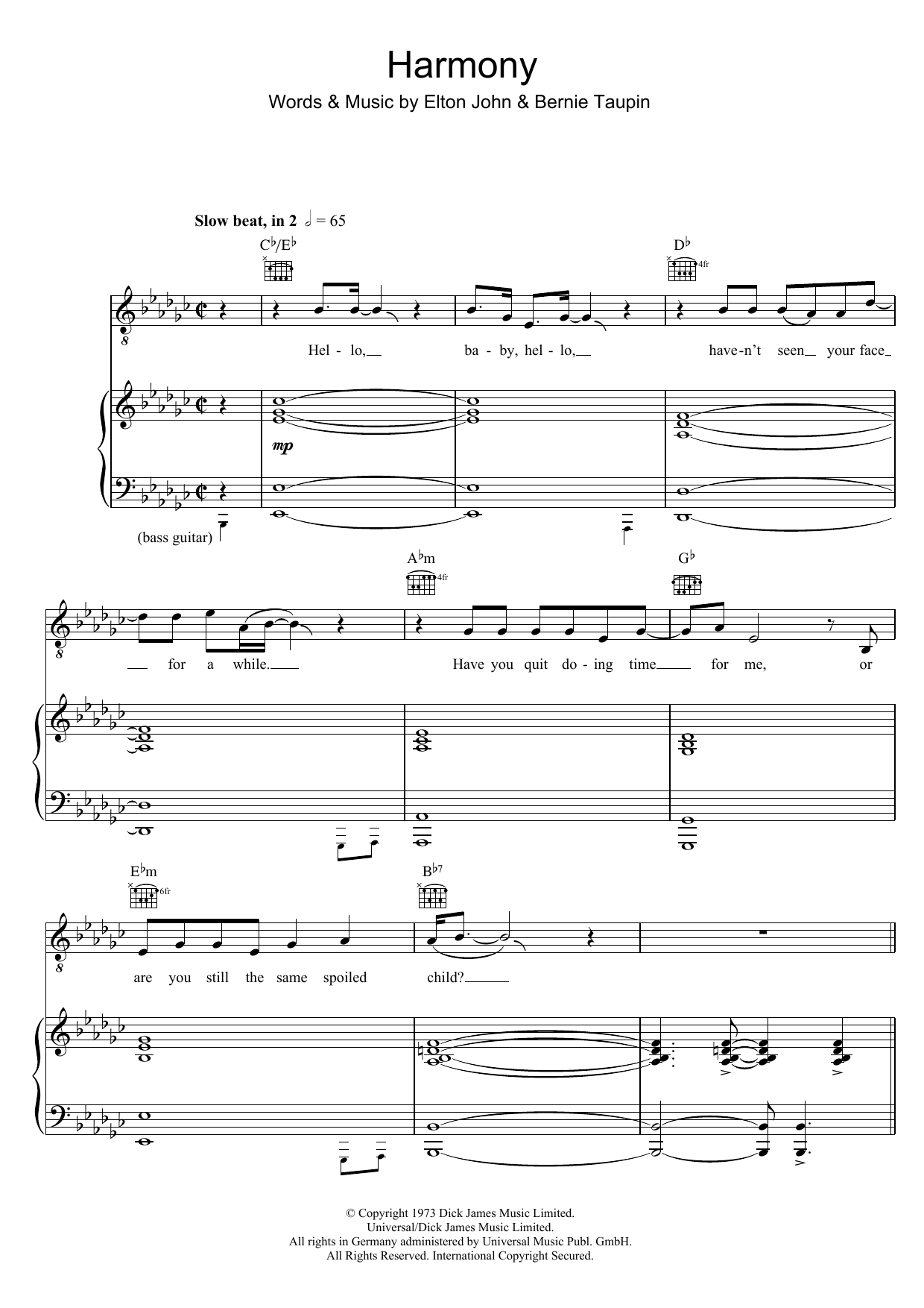 Download Elton John Harmony Sheet Music and learn how to play Piano, Vocal & Guitar PDF digital score in minutes