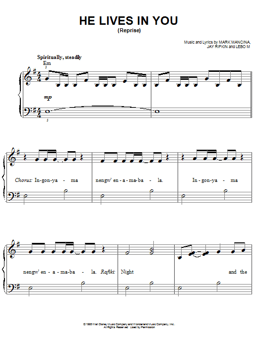 Download Elton John He Lives In You (Reprise) Sheet Music and learn how to play Easy Piano PDF digital score in minutes