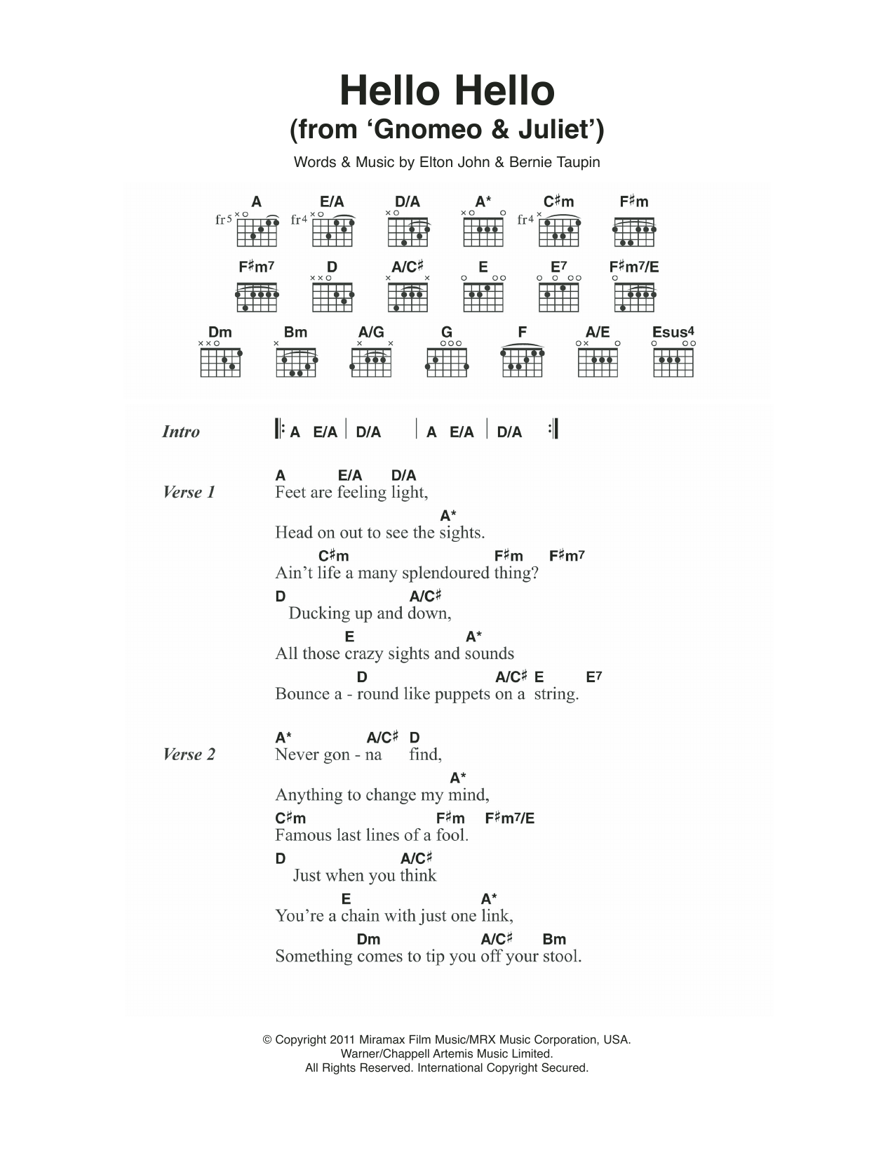 Download Elton John Hello Hello (From 'Gnomeo & Juliet') Sheet Music and learn how to play Lyrics & Chords PDF digital score in minutes