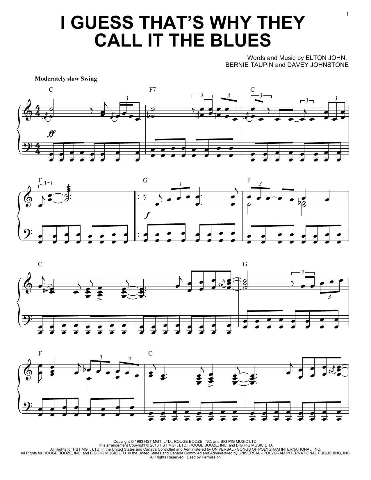 Download Elton John I Guess That's Why They Call It The Blues Sheet Music and learn how to play Piano PDF digital score in minutes