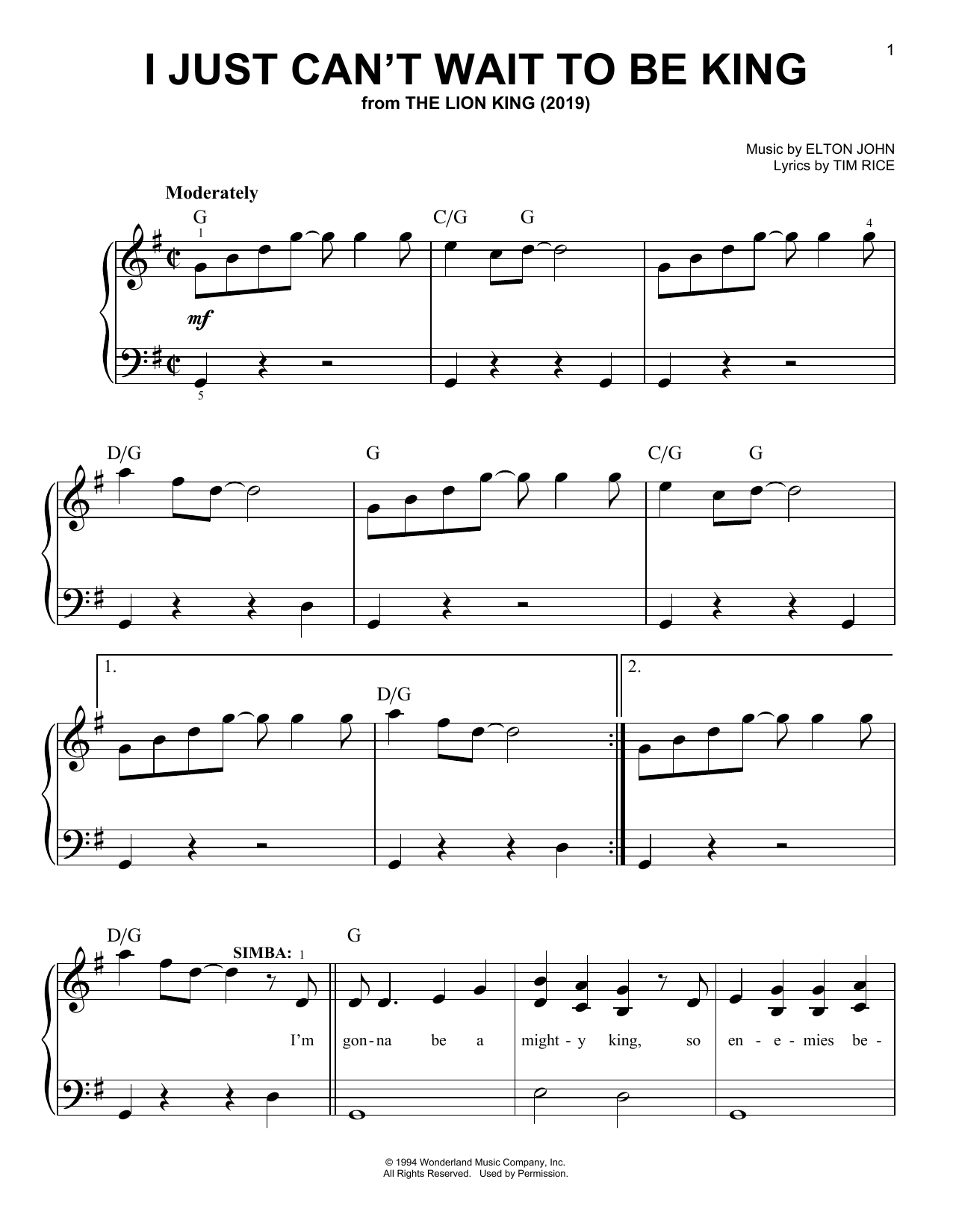 Download Elton John I Just Can't Wait To Be King (from The Lion King 2019) Sheet Music and learn how to play Big Note Piano PDF digital score in minutes