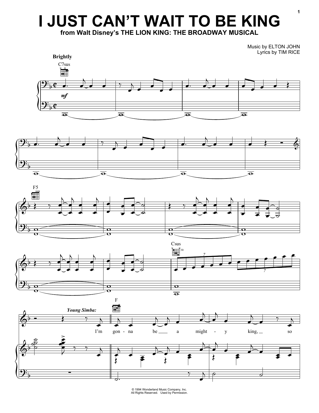 Download Elton John I Just Can't Wait To Be King Sheet Music and learn how to play Piano, Vocal & Guitar (Right-Hand Melody) PDF digital score in minutes