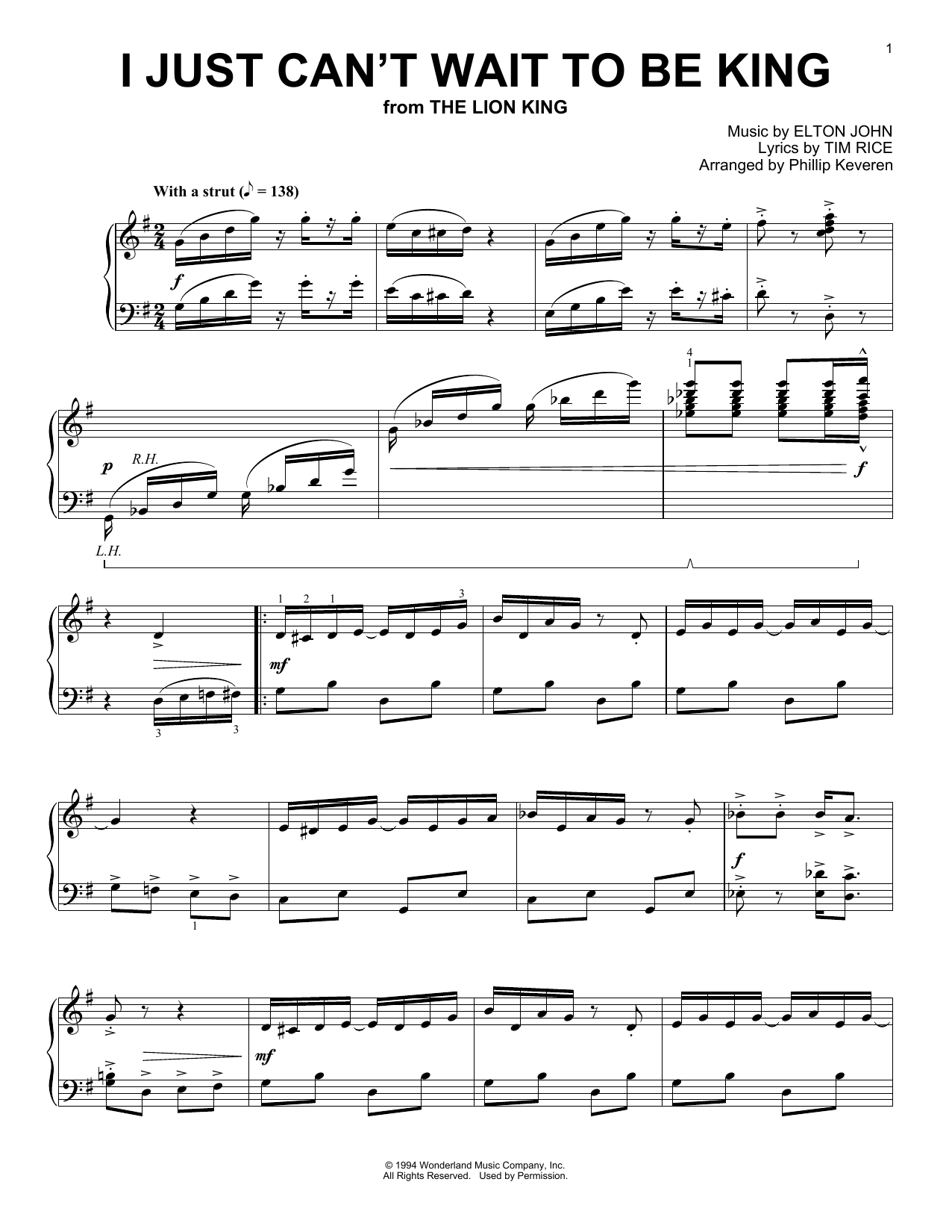 Download Phillip Keveren I Just Can't Wait To Be King Sheet Music and learn how to play Piano PDF digital score in minutes