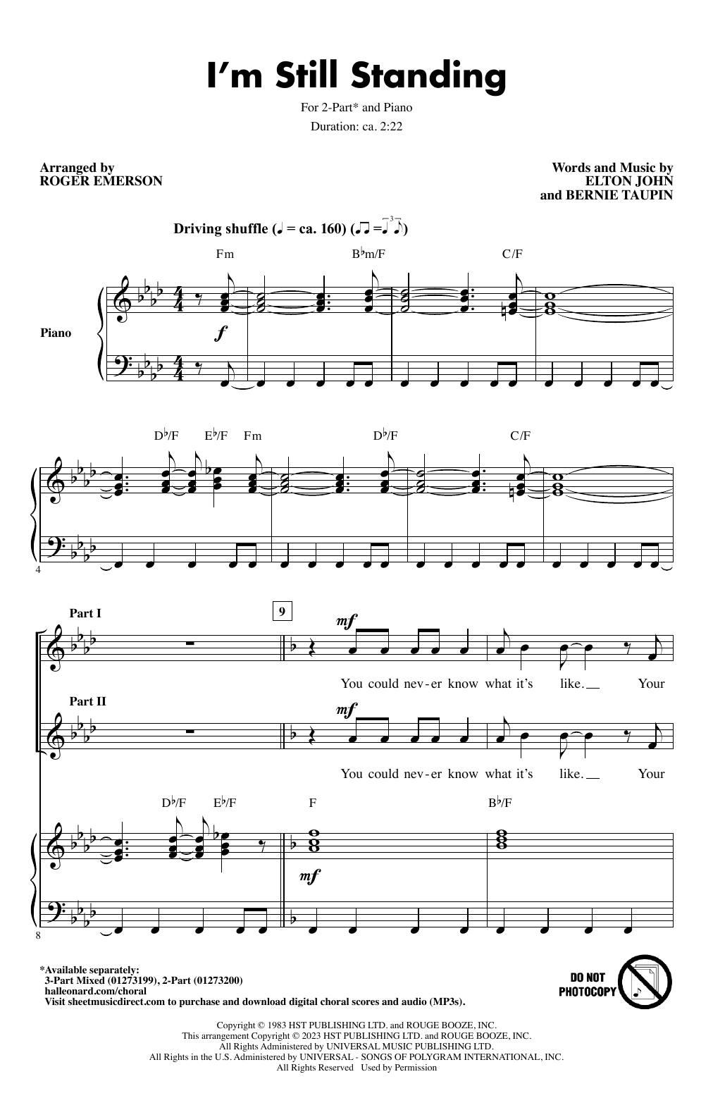 Download Elton John I'm Still Standing (arr. Roger Emerson) Sheet Music and learn how to play 2-Part Choir PDF digital score in minutes