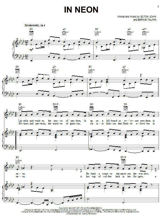 Download Elton John In Neon Sheet Music and learn how to play Piano, Vocal & Guitar (Right-Hand Melody) PDF digital score in minutes