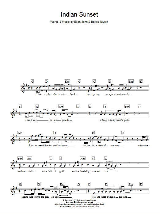 Download Elton John Indian Sunset Sheet Music and learn how to play Melody Line, Lyrics & Chords PDF digital score in minutes