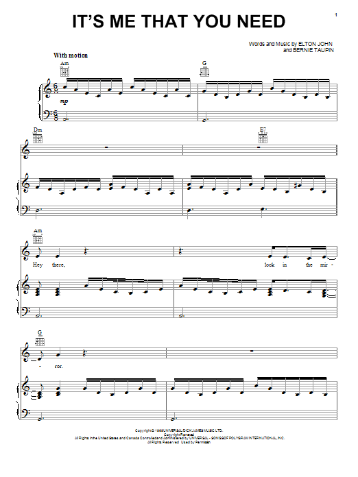 Download Elton John It's Me That You Need Sheet Music and learn how to play Piano, Vocal & Guitar (Right-Hand Melody) PDF digital score in minutes