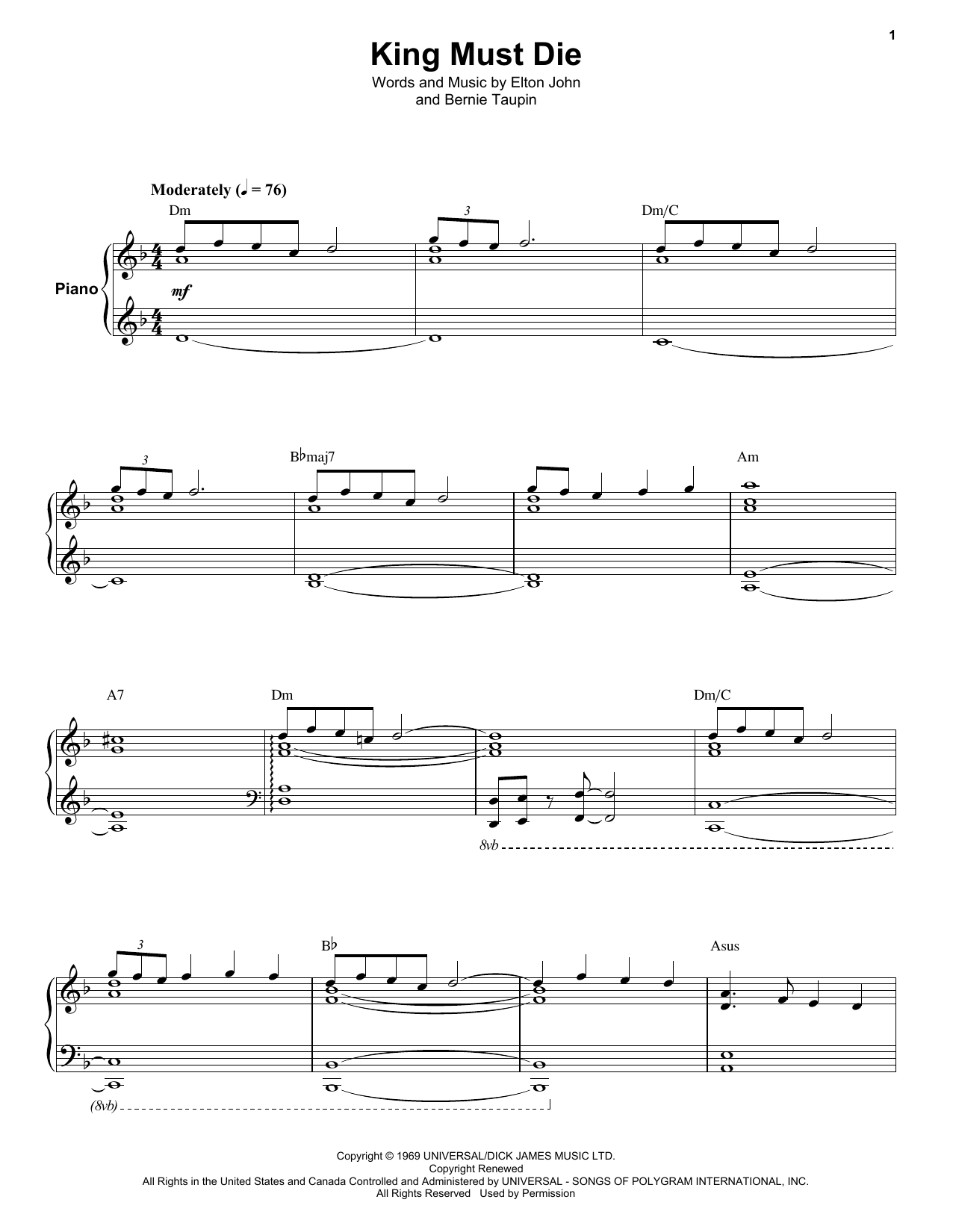 Download Elton John King Must Die Sheet Music and learn how to play Keyboard Transcription PDF digital score in minutes