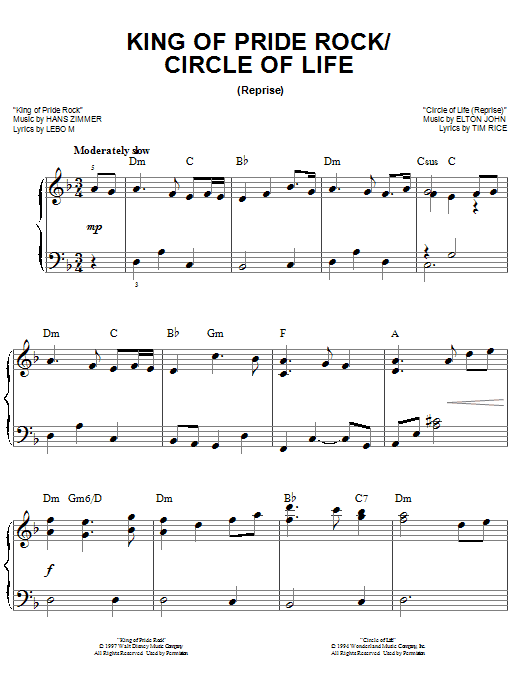 Download Elton John King Of Pride Rock Sheet Music and learn how to play Easy Piano PDF digital score in minutes