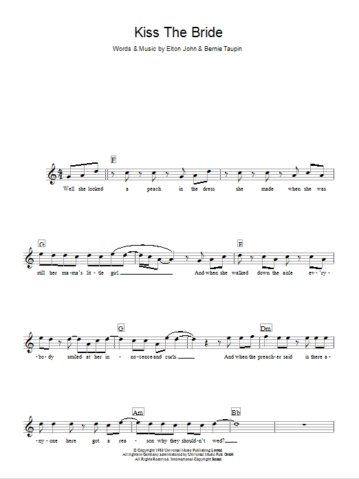 Download Elton John Kiss The Bride Sheet Music and learn how to play Melody Line, Lyrics & Chords PDF digital score in minutes