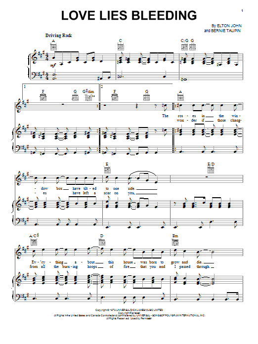Download Elton John Love Lies Bleeding Sheet Music and learn how to play Piano, Vocal & Guitar (Right-Hand Melody) PDF digital score in minutes