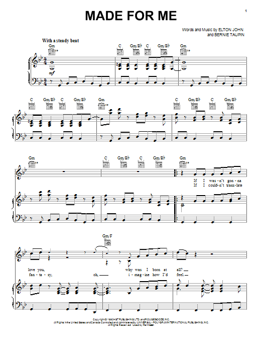 Download Elton John Made For Me Sheet Music and learn how to play Piano, Vocal & Guitar (Right-Hand Melody) PDF digital score in minutes