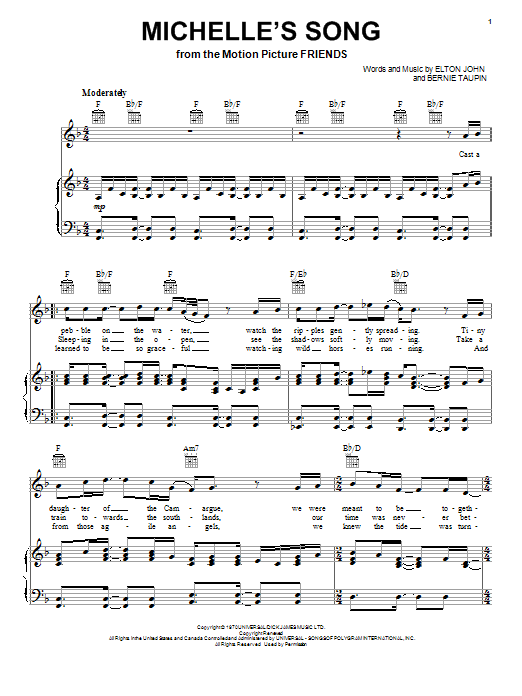 Download Elton John Michelle's Song Sheet Music and learn how to play Piano, Vocal & Guitar (Right-Hand Melody) PDF digital score in minutes