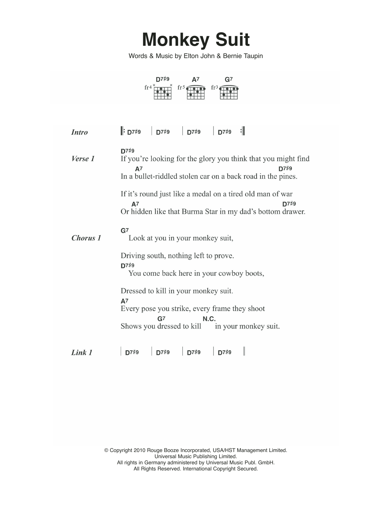 Download Elton John Monkey Suit Sheet Music and learn how to play Lyrics & Chords PDF digital score in minutes