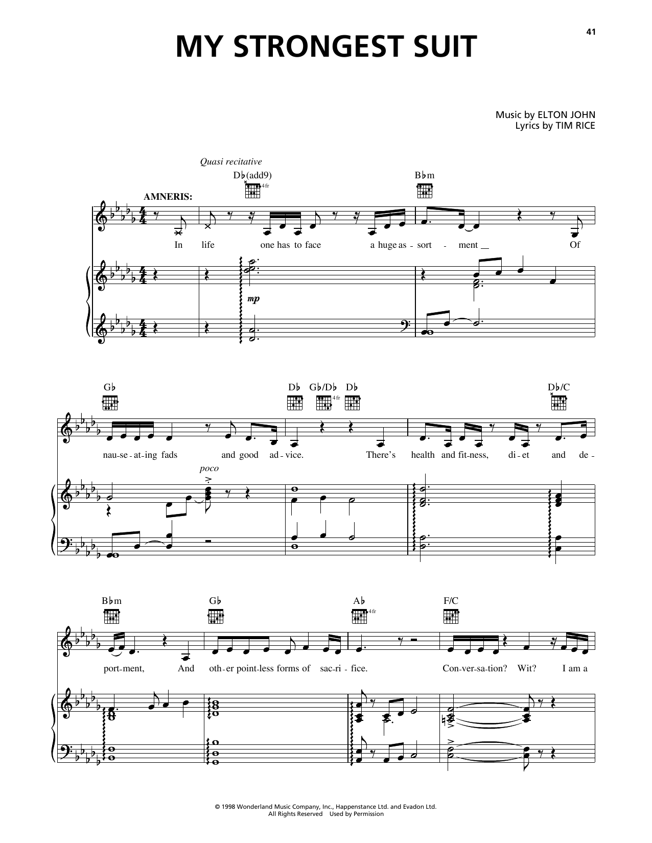 Download Elton John My Strongest Suit (from Aida) Sheet Music and learn how to play Piano, Vocal & Guitar Chords (Right-Hand Melody) PDF digital score in minutes