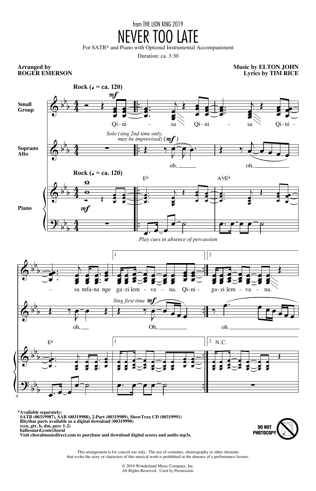 Download Elton John Never Too Late (from The Lion King 2019) (arr. Roger Emerson) Sheet Music and learn how to play SATB Choir PDF digital score in minutes