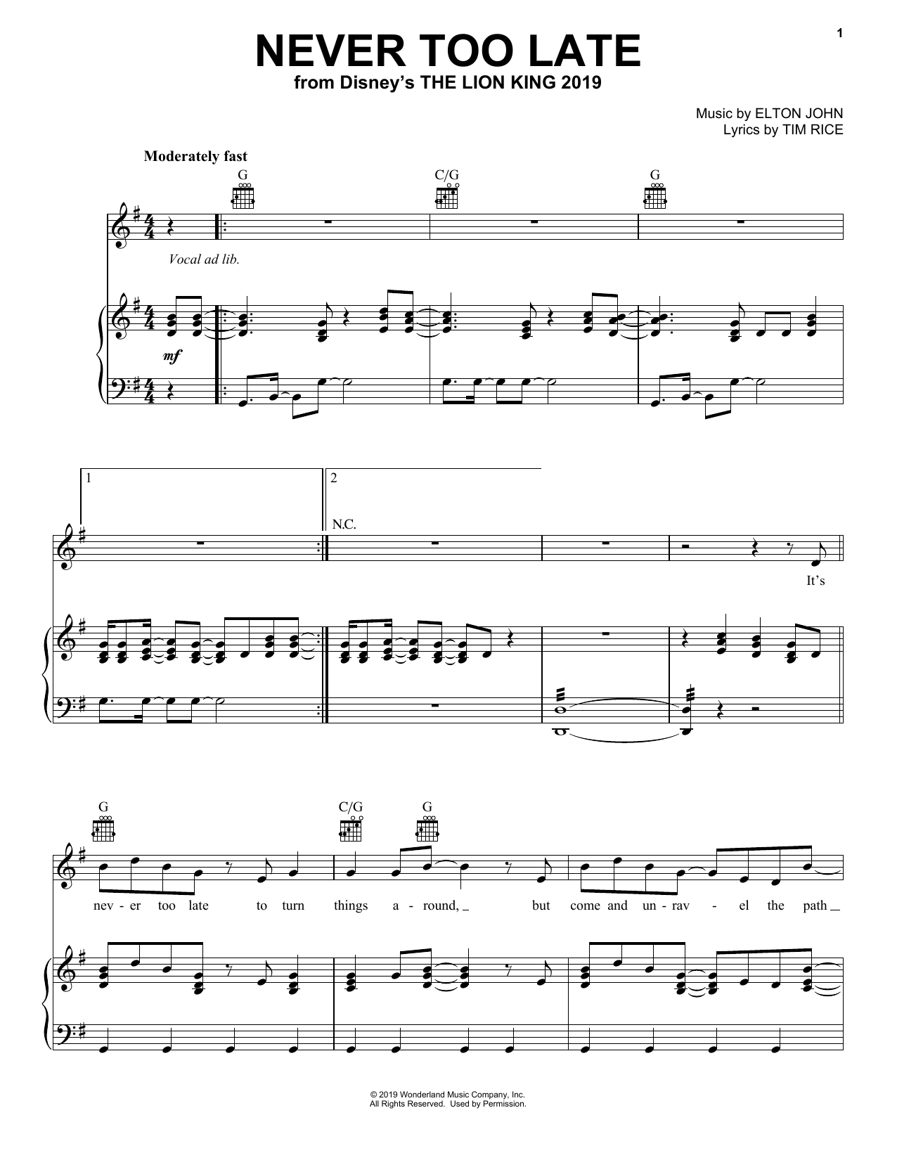 Download Elton John Never Too Late (from The Lion King 2019) Sheet Music and learn how to play Big Note Piano PDF digital score in minutes