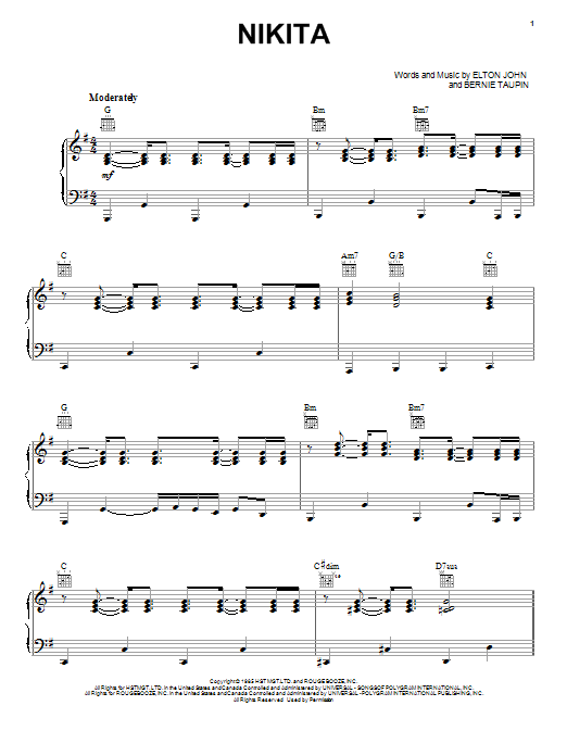 Download Elton John Nikita Sheet Music and learn how to play Lyrics & Chords PDF digital score in minutes