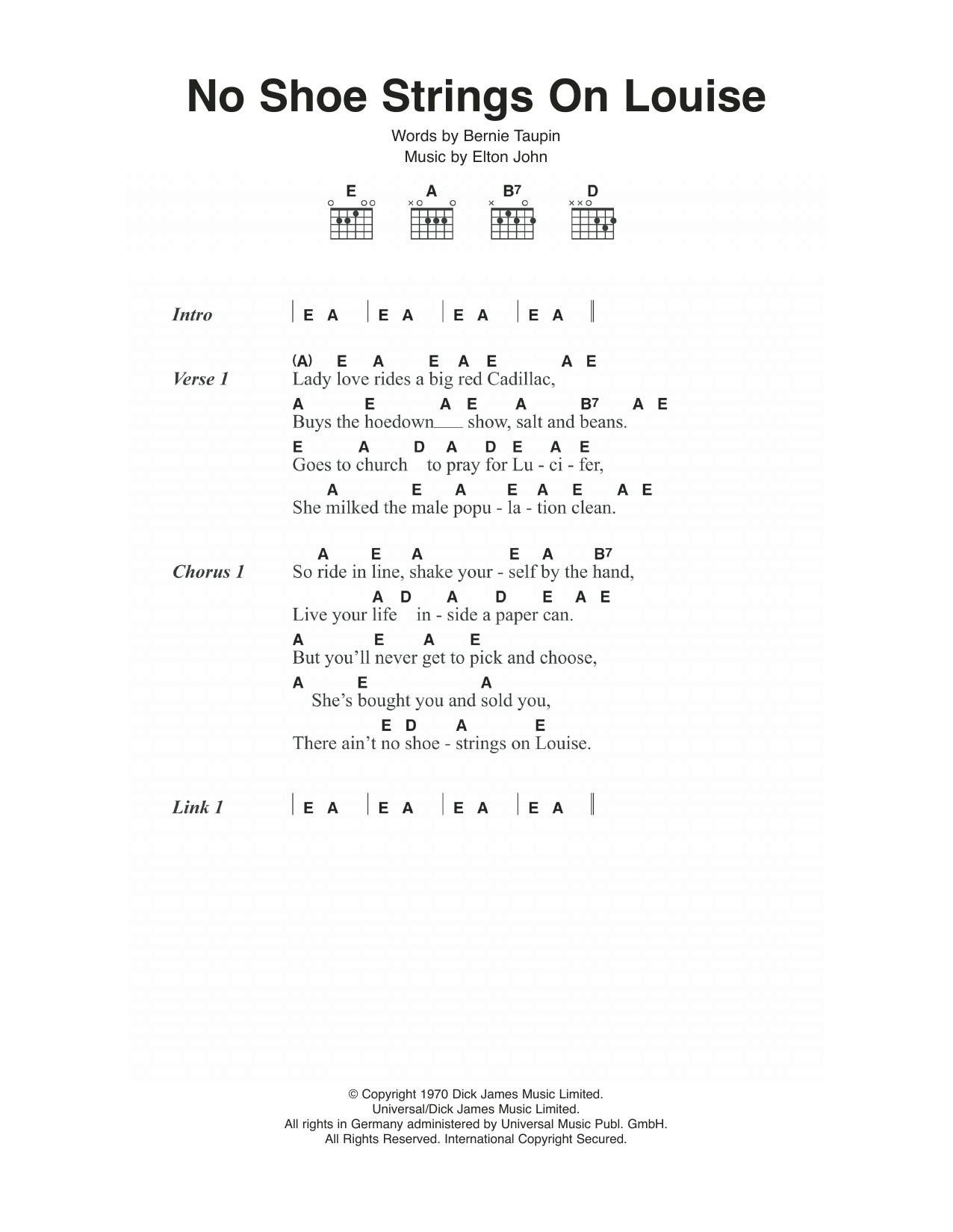 Download Elton John No Shoe Strings On Louise Sheet Music and learn how to play Lyrics & Chords PDF digital score in minutes