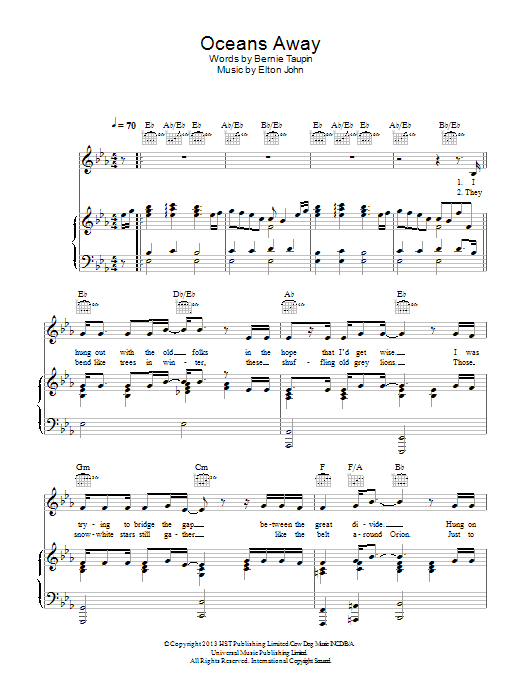 Download Elton John Oceans Away Sheet Music and learn how to play Piano, Vocal & Guitar (Right-Hand Melody) PDF digital score in minutes