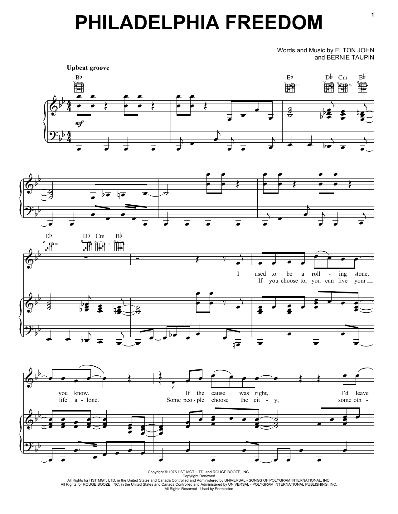 Download Elton John Philadelphia Freedom Sheet Music and learn how to play Lyrics & Chords PDF digital score in minutes