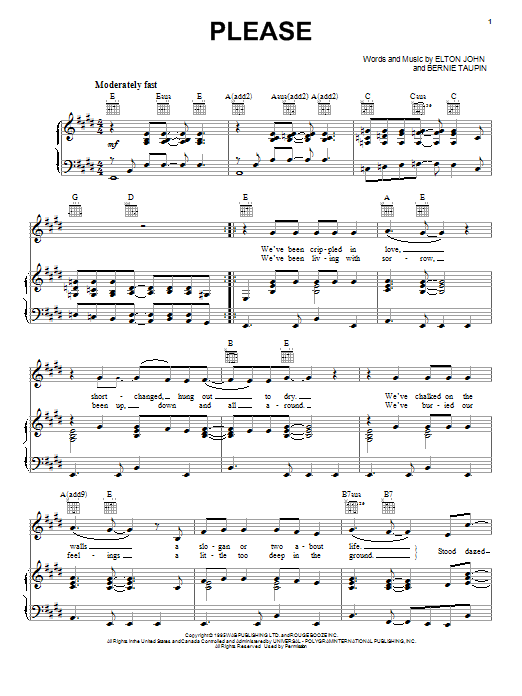Download Elton John Please Sheet Music and learn how to play Piano, Vocal & Guitar (Right-Hand Melody) PDF digital score in minutes