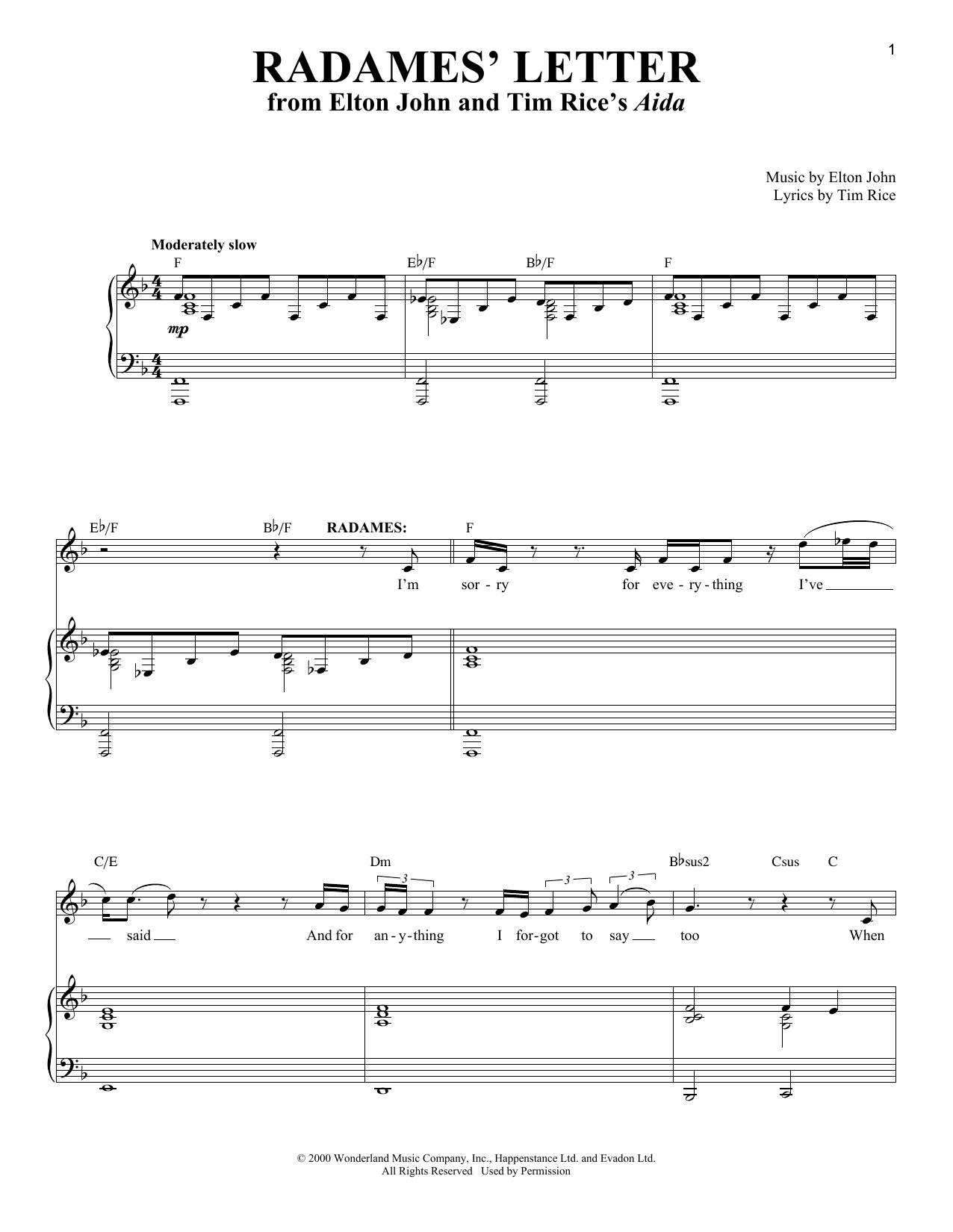 Download Elton John Radames' Letter Sheet Music and learn how to play Piano & Vocal PDF digital score in minutes