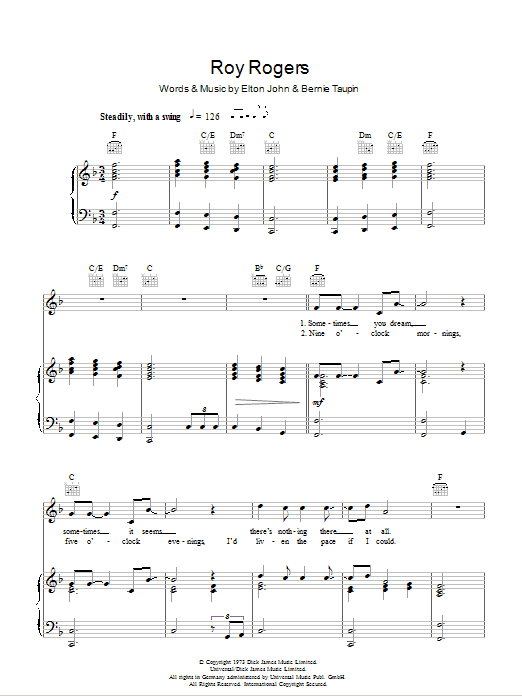 Download Elton John Roy Rogers Sheet Music and learn how to play Piano, Vocal & Guitar (Right-Hand Melody) PDF digital score in minutes