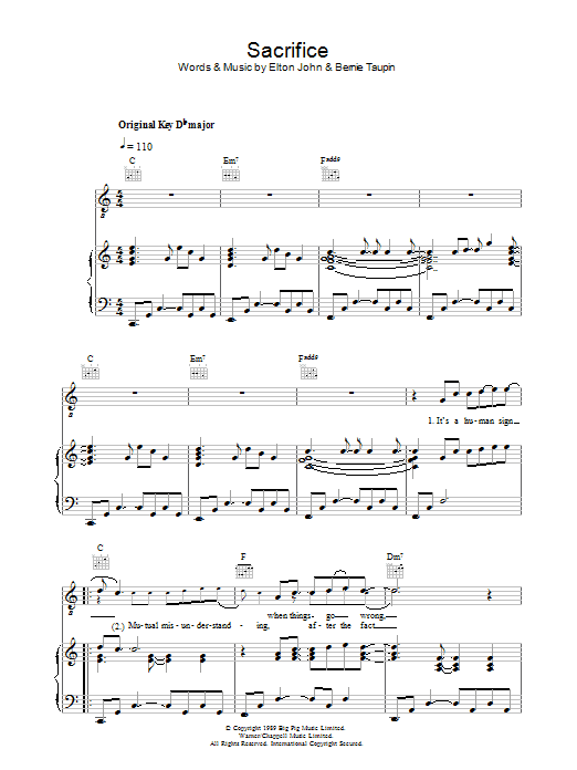 Download Elton John Sacrifice Sheet Music and learn how to play Lyrics & Chords PDF digital score in minutes
