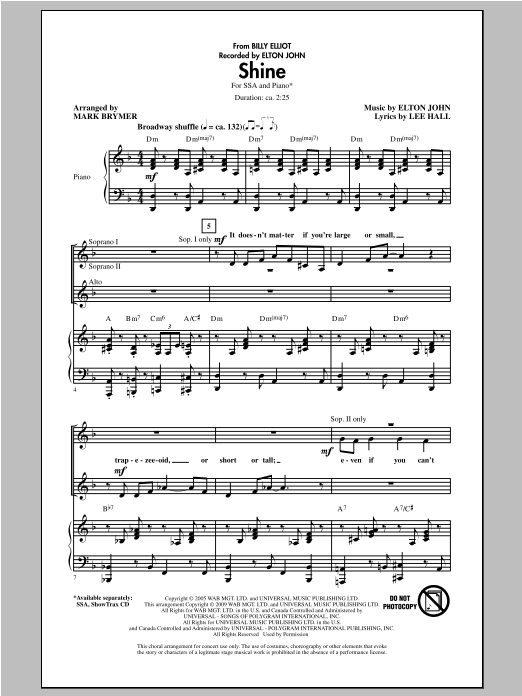Download Elton John Shine (from Billy Elliot) (arr. Mark Brymer) Sheet Music and learn how to play SSA PDF digital score in minutes