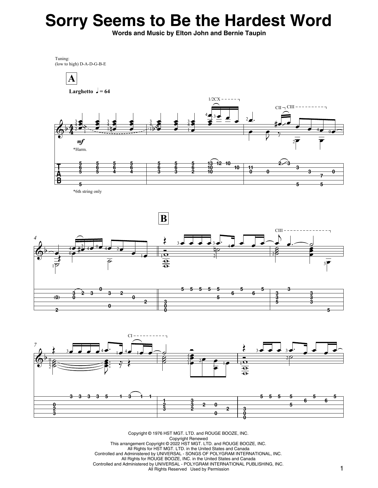 Download Elton John Sorry Seems To Be The Hardest Word (arr. David Jaggs) Sheet Music and learn how to play Solo Guitar PDF digital score in minutes