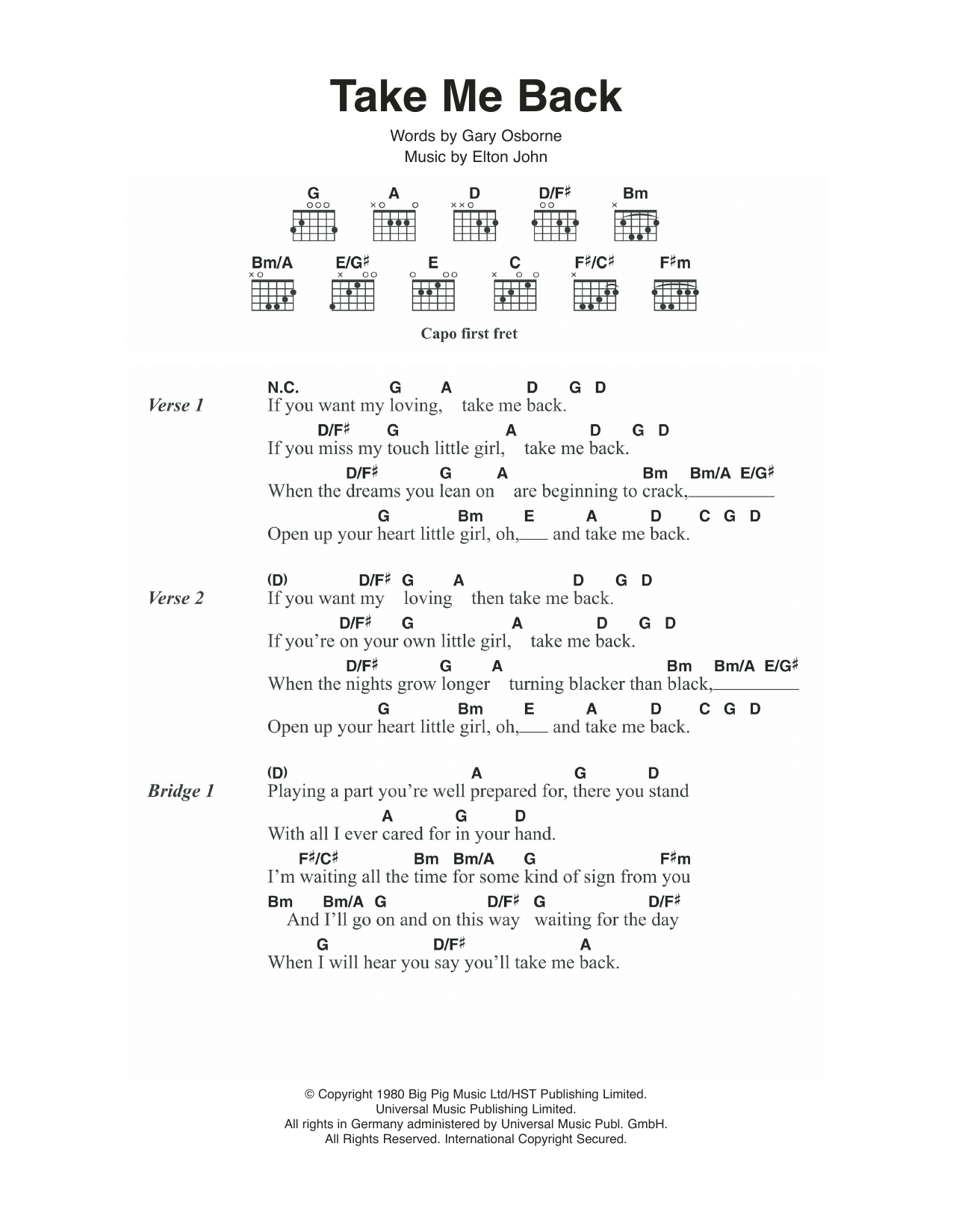 Download Elton John Take Me Back Sheet Music and learn how to play Lyrics & Chords PDF digital score in minutes