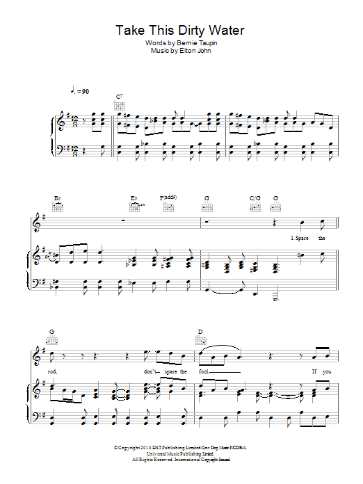 Download Elton John Take This Dirty Water Sheet Music and learn how to play Piano, Vocal & Guitar (Right-Hand Melody) PDF digital score in minutes
