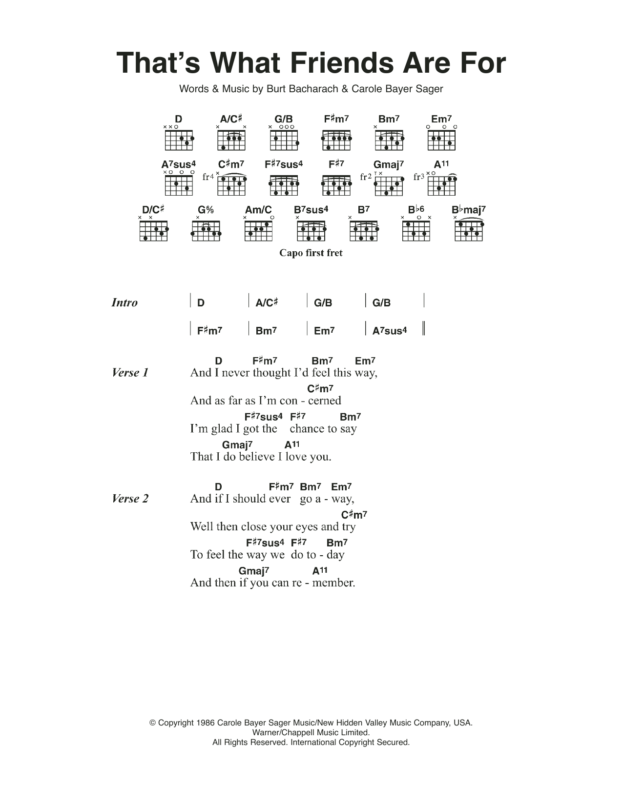 Download Elton John That's What Friends Are For Sheet Music and learn how to play Lyrics & Chords PDF digital score in minutes