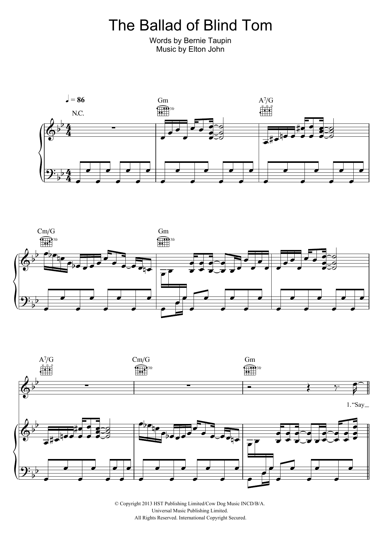 Download Elton John The Ballad Of Blind Tom Sheet Music and learn how to play Piano, Vocal & Guitar (Right-Hand Melody) PDF digital score in minutes