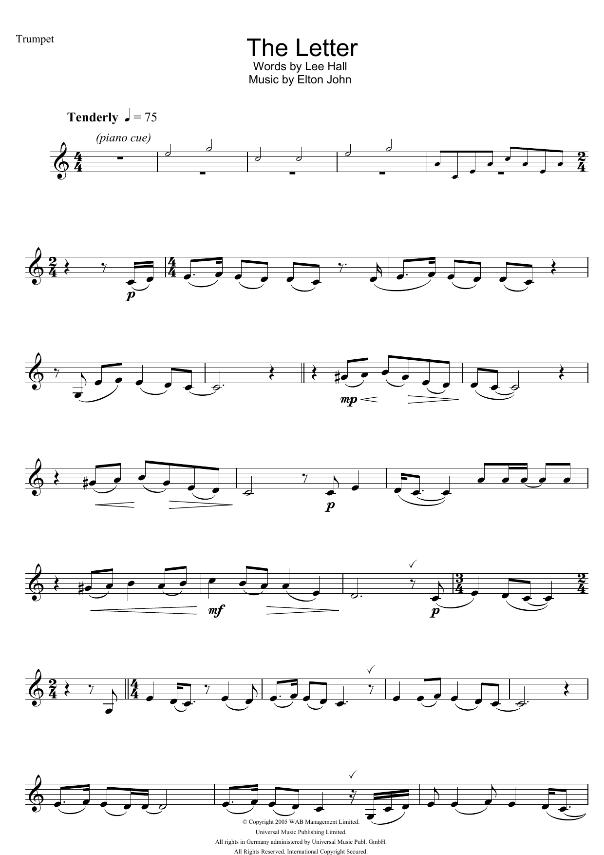 Download Elton John The Letter (from Billy Elliot: The Musical) Sheet Music and learn how to play Trumpet PDF digital score in minutes