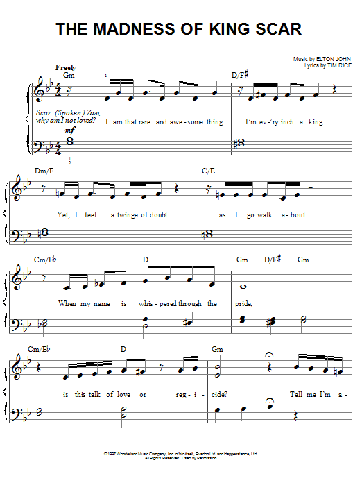 Download Elton John The Madness Of King Scar Sheet Music and learn how to play Easy Piano PDF digital score in minutes