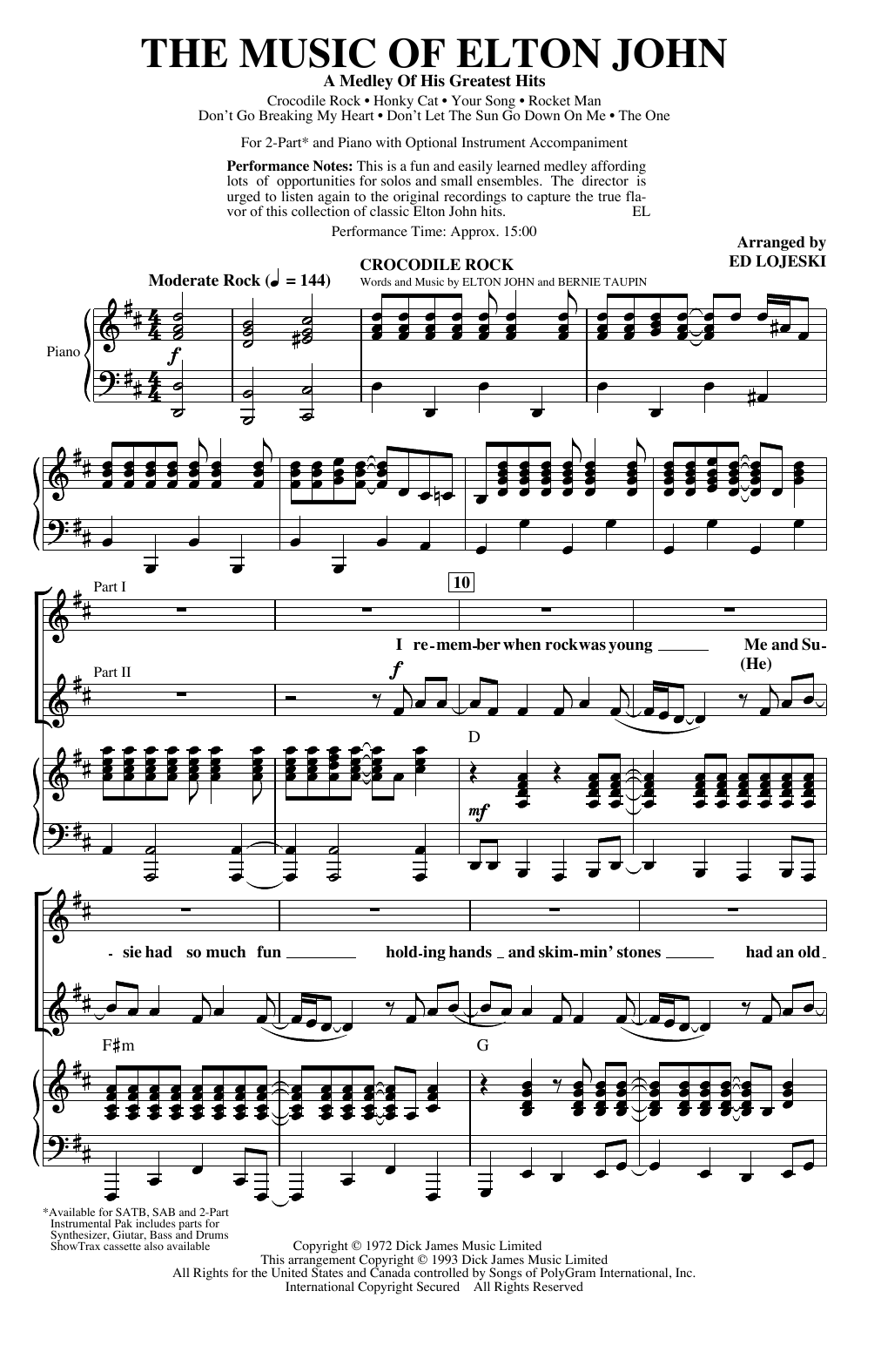 Download Elton John The Music of Elton John (A Medley Of His Greatest Hits) (arr. Ed Lojeski) Sheet Music and learn how to play 2-Part Choir PDF digital score in minutes