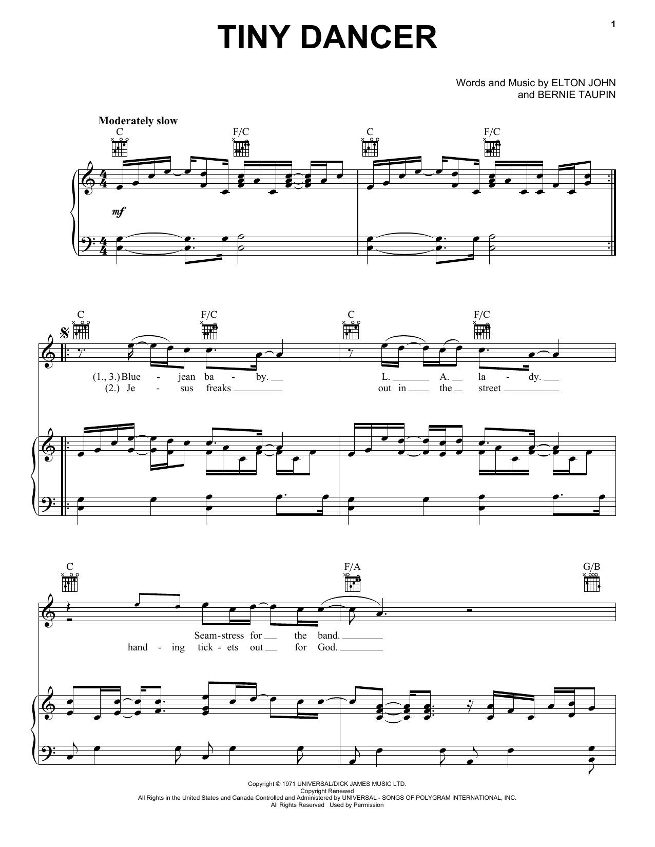 Download Elton John Tiny Dancer Sheet Music and learn how to play Real Book – Melody, Lyrics & Chords PDF digital score in minutes