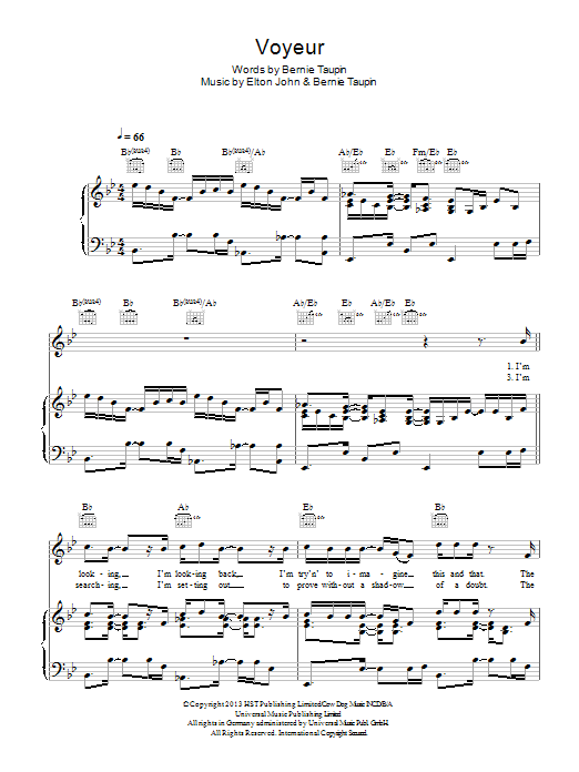 Download Elton John Voyeur Sheet Music and learn how to play Piano, Vocal & Guitar (Right-Hand Melody) PDF digital score in minutes