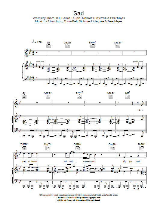 Download Elton John vs. Pnau Sad Sheet Music and learn how to play Piano, Vocal & Guitar (Right-Hand Melody) PDF digital score in minutes