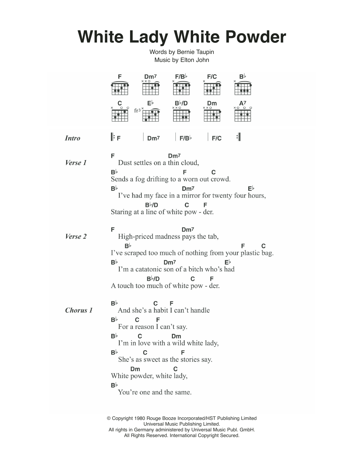 Download Elton John White Lady White Powder Sheet Music and learn how to play Lyrics & Chords PDF digital score in minutes