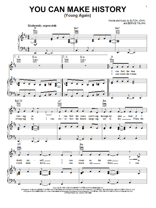 Download Elton John You Can Make History (Young Again) Sheet Music and learn how to play Melody Line, Lyrics & Chords PDF digital score in minutes