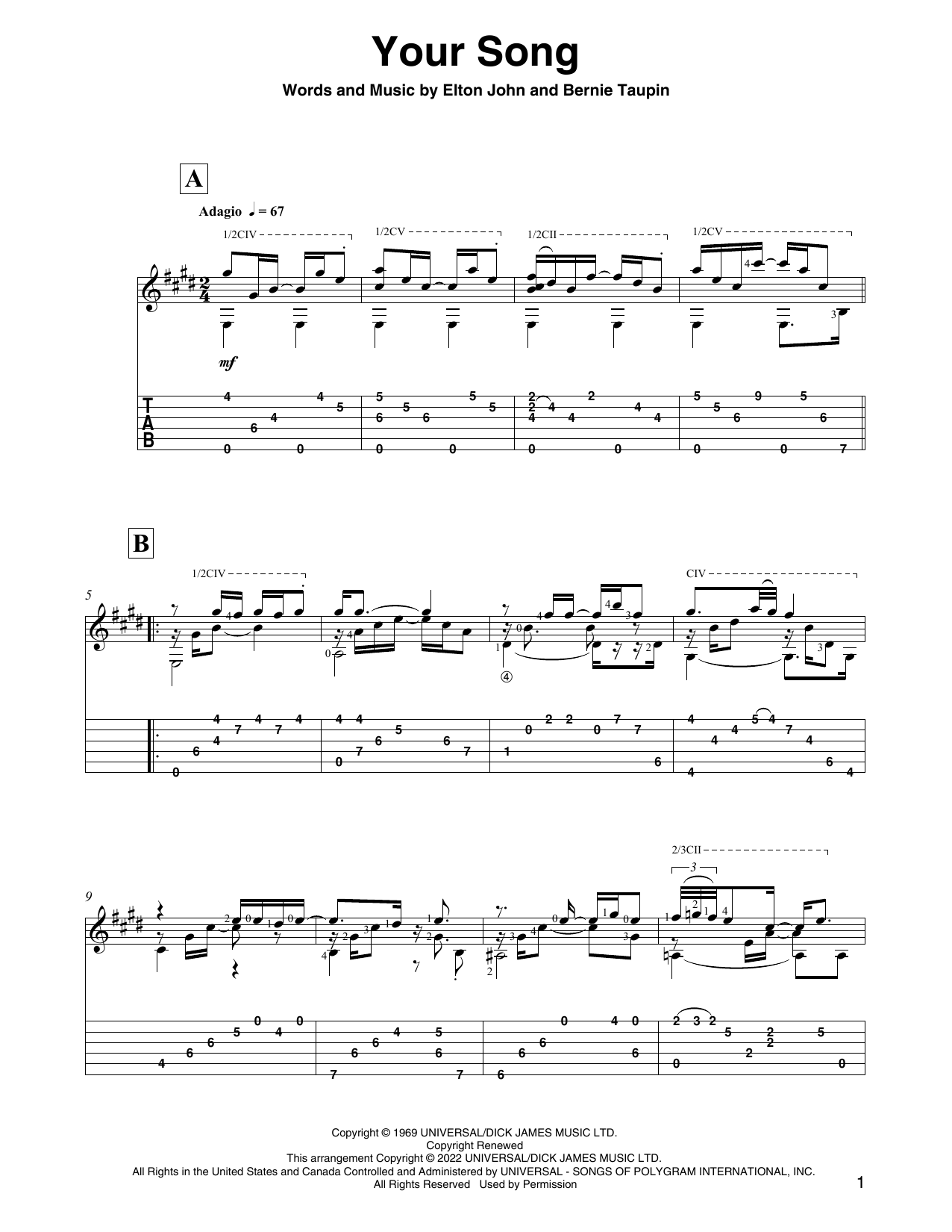 Download Elton John Your Song (arr. David Jaggs) Sheet Music and learn how to play Solo Guitar PDF digital score in minutes