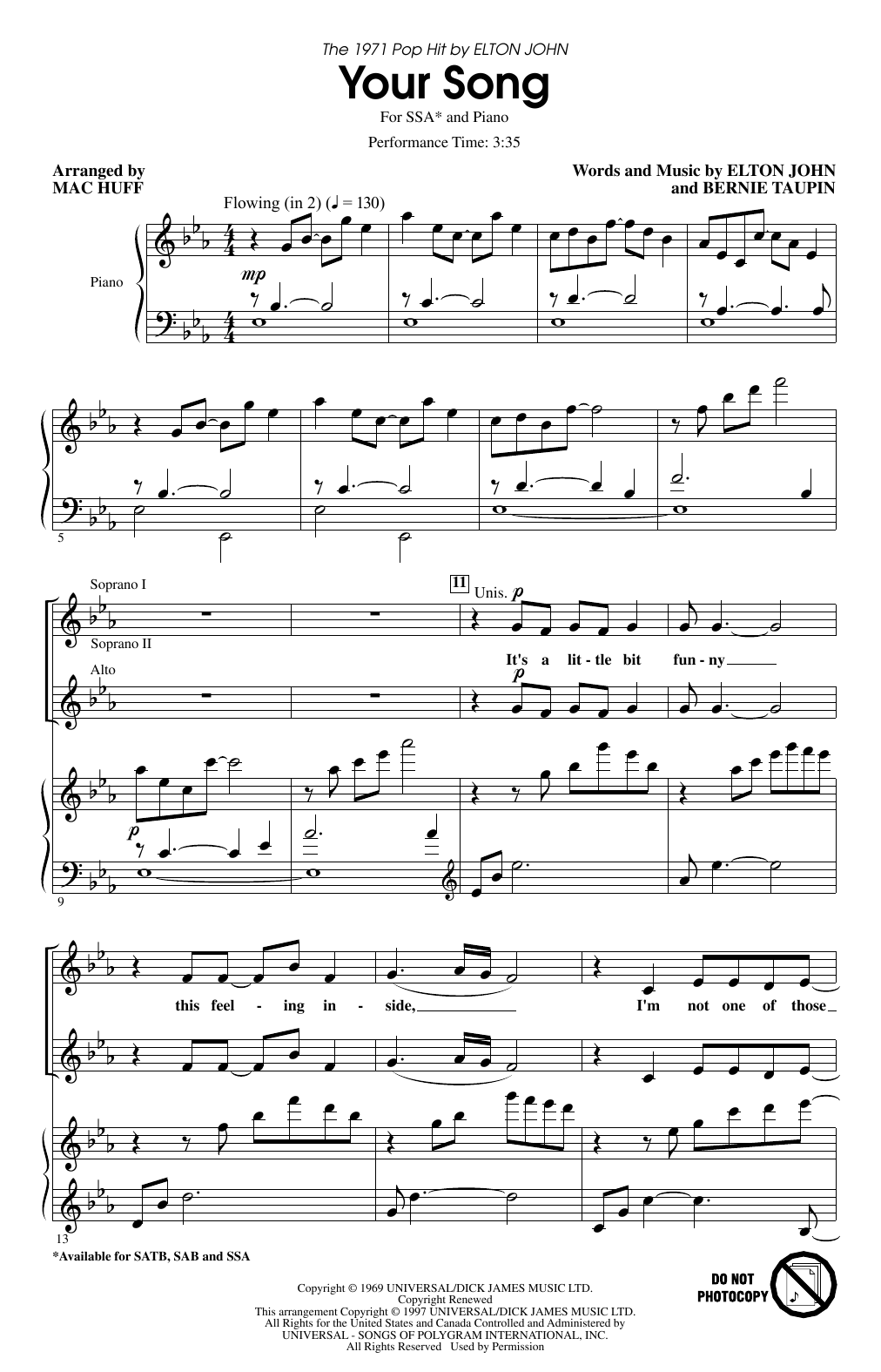 Download Elton John Your Song (arr. Mac Huff) Sheet Music and learn how to play SAB Choir PDF digital score in minutes