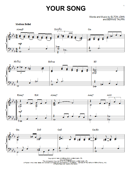 Download Elton John Your Song Sheet Music and learn how to play Piano PDF digital score in minutes