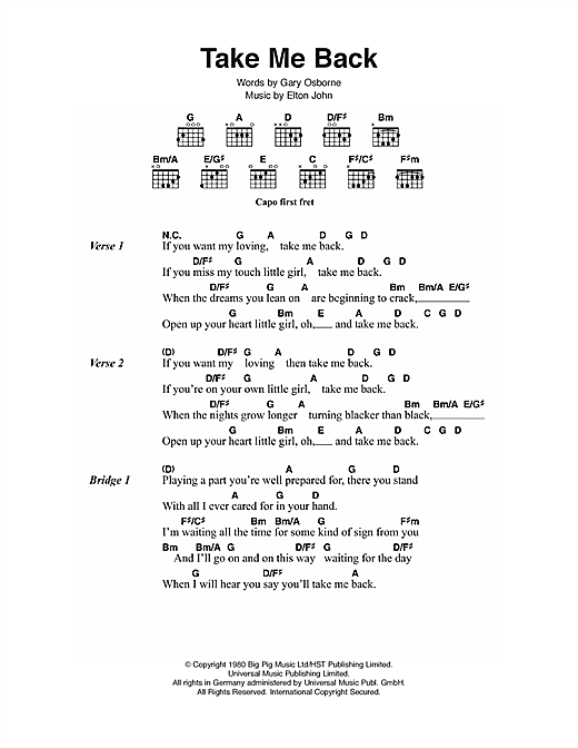 Download Elton John Take Me Back Sheet Music and learn how to play Lyrics & Chords PDF digital score in minutes