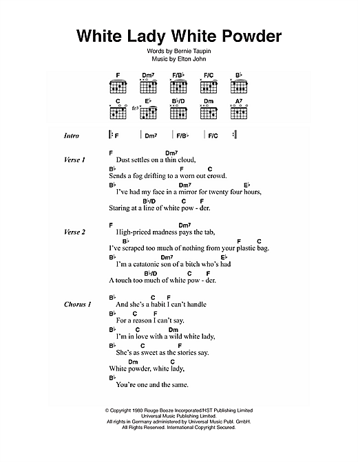 Download Elton John White Lady White Powder Sheet Music and learn how to play Lyrics & Chords PDF digital score in minutes