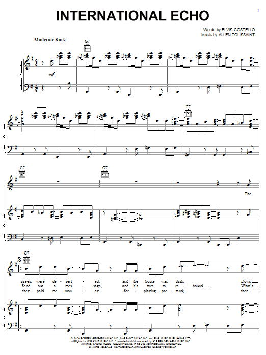 Download Elvis Costello and Allen Toussaint International Echo Sheet Music and learn how to play Piano, Vocal & Guitar (Right-Hand Melody) PDF digital score in minutes